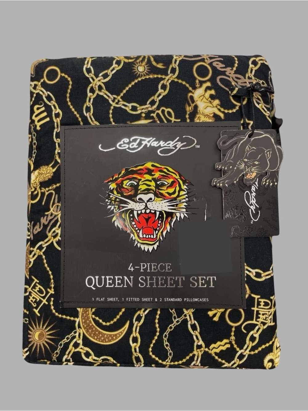 Ed Hardy DP 4-pc Queen Sheet Set Black Gold Chains Astrology Suns Moons Lions Le